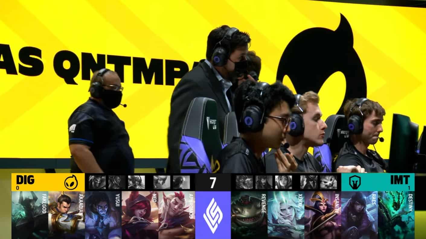 A screenshot from the LCS broadcast for the Summer Playoffs match between Immortals and Dignitas. The Game Two drafts appear on screen with the Dignitas team on stage above.