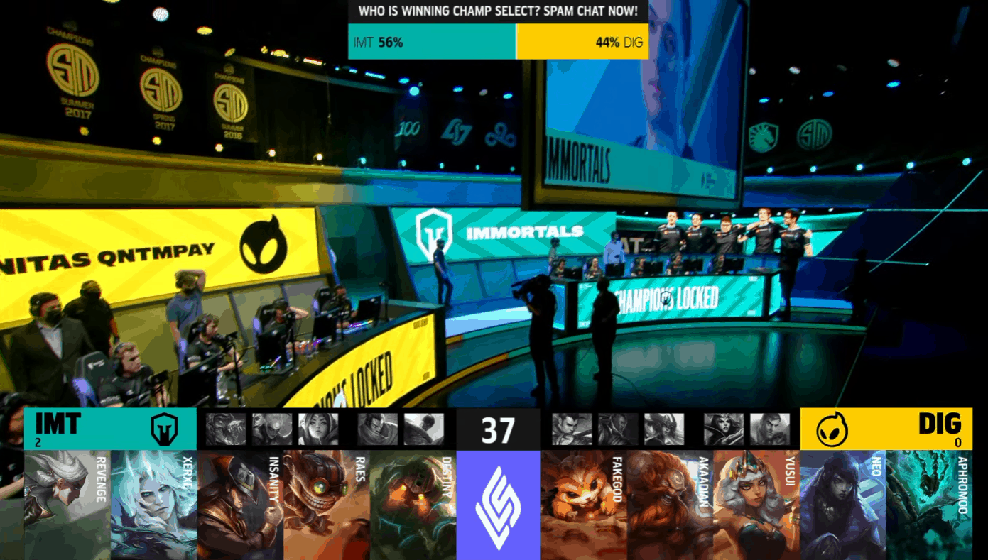 A screenshot from the LCS broadcast for the Summer Playoffs match between Immortals and Dignitas. The Game Three drafts appear on screen with the LCS stage above.