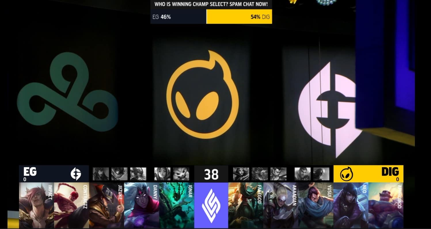 A screenshot from the LCS broadcast for the Summer Playoffs match between Evil Geniuses and Dignitas. The Game One drafts appear on screen with the C9, DIG and EG banners above.