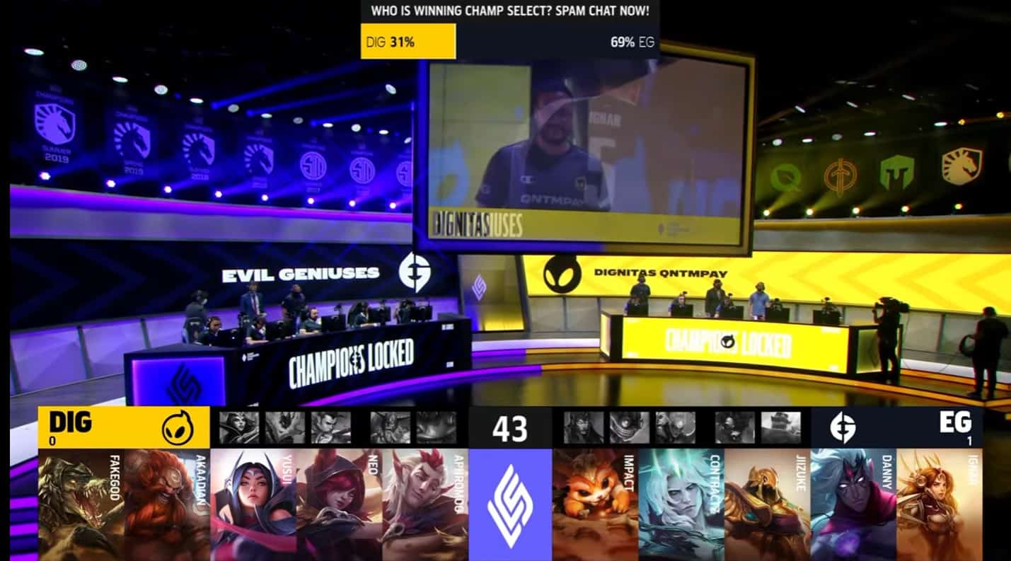 A screenshot from the LCS broadcast for the Summer Playoffs match between Evil Geniuses and Dignitas. The Game One drafts appear on screen with the teams in the LCS studio above.