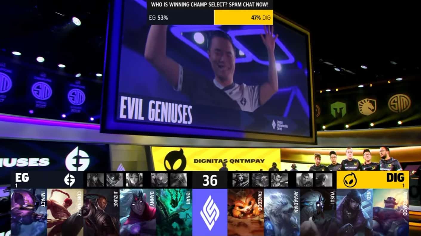 A screenshot from the LCS broadcast for the Summer Playoffs match between Evil Geniuses and Dignitas. The Game One drafts appear on screen with the teams in the LCS studio above.
