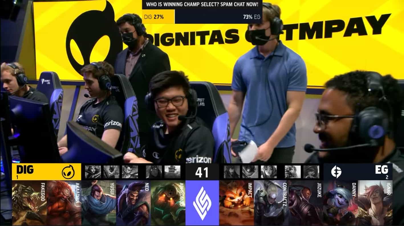A screenshot from the LCS broadcast for the Summer Playoffs match between Evil Geniuses and Dignitas. The Game One drafts appear on screen with the Dignitas LoL squad on the LCS stage above.