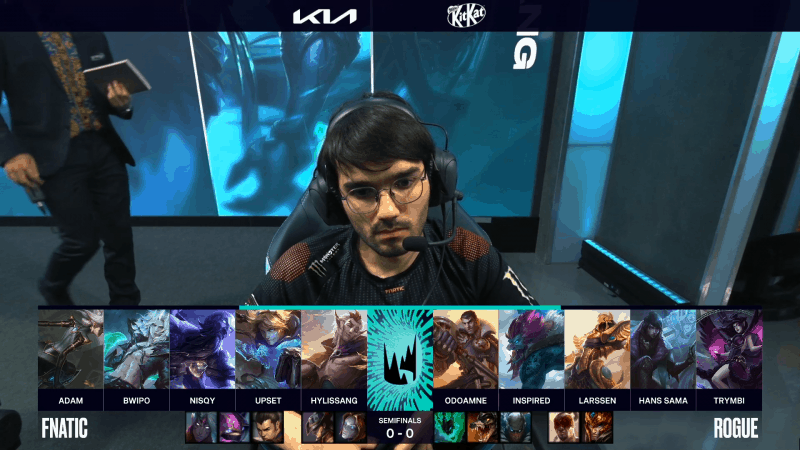 A screenshot from the LEC broadcast for the Summer Playoffs match between Fnatic and Rogue. The Game One drafts appear on screen with a shot of FNC Hylissang above.