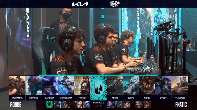 A screenshot from the LEC broadcast for the Summer Playoffs match between Fnatic and Rogue. The Game Two drafts appear on screen with a shot of the Fnatic LoL team above.