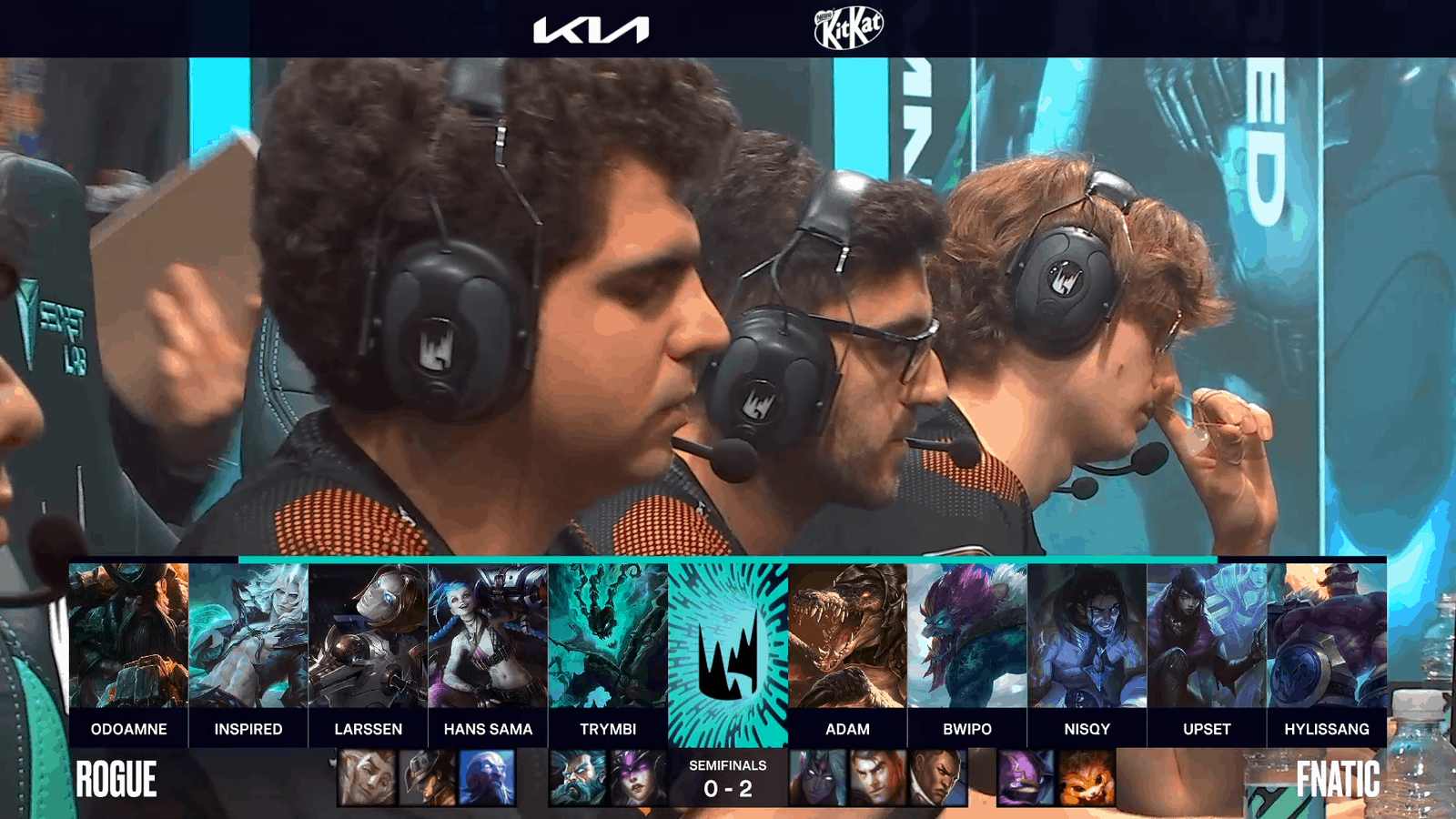 A screenshot from the LEC broadcast for the Summer Playoffs match between Fnatic and Rogue. The Game Three drafts appear on screen with a shot of FNC Bwipo, Nisqy and Upset above.