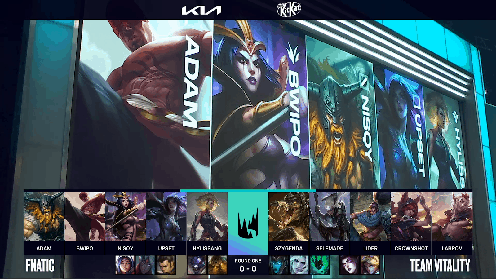 A screenshot from the LEC broadcast for the Summer Playoffs match between Fnatic and Vitality. The Game One drafts appear on screen with a shot of LoL champions above.