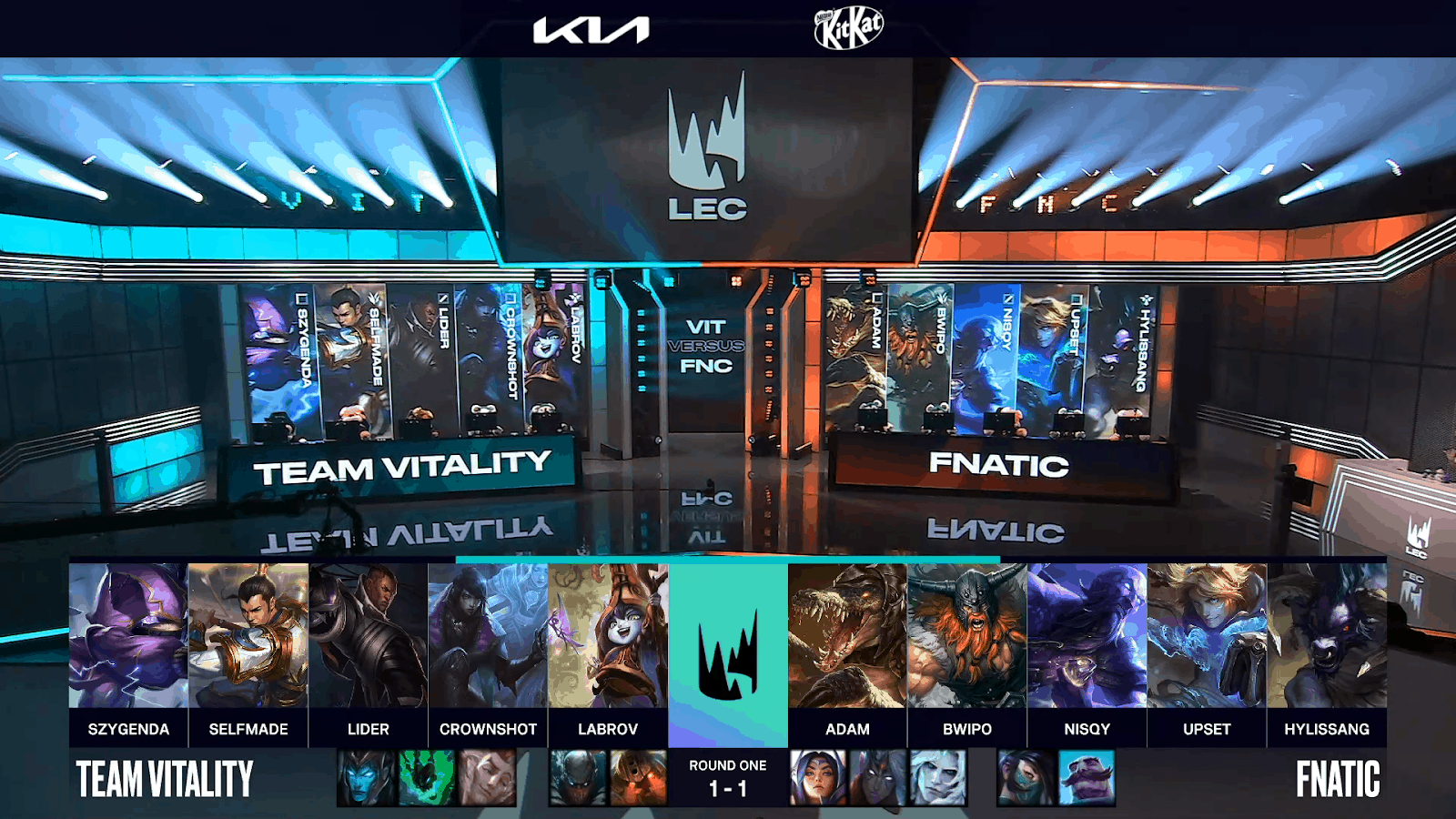 A screenshot from the LEC broadcast for the Summer Playoffs match between Fnatic and Vitality. The Game Three drafts appear on screen with a shot of the LEC studio above.
