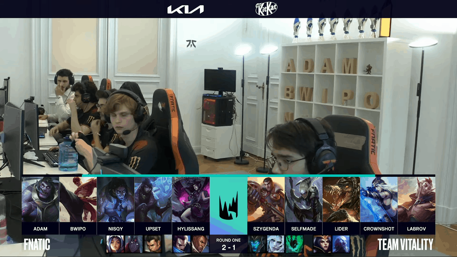 A screenshot from the LEC broadcast for the Summer Playoffs match between Fnatic and Vitality. The Game Four drafts appear on screen with a shot of the Fnatic LoL team above.