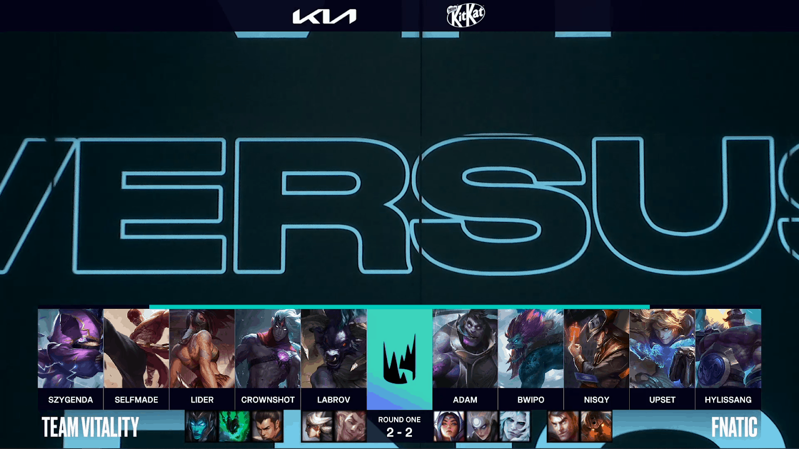 A screenshot from the LEC broadcast for the Summer Playoffs match between Fnatic and Vitality. The Game Five drafts appear on screen with a shot of the word "VERSUS" above.