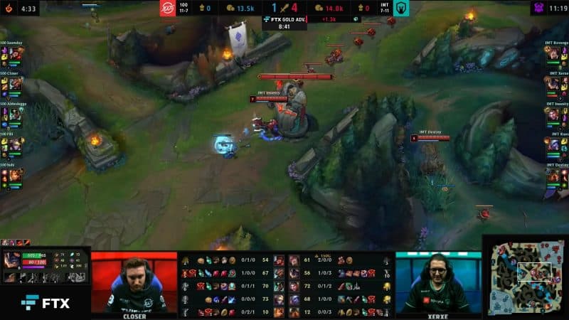 A screenshot of an LCS game between 100 Thieves and Immortals showcasing the FTX in-game gold advantage tracker.