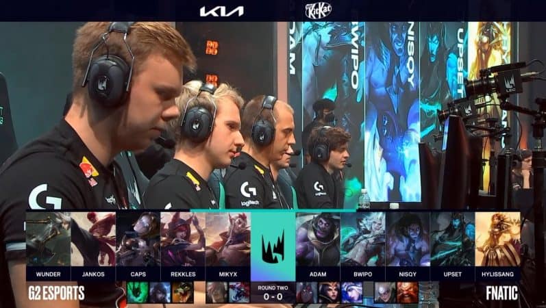 A screenshot from the LEC broadcast for the Summer Playoffs match between Fnatic and G2 Esports. The Game One drafts appear on screen with a shot of the G2 LoL team on the LEC stage above.