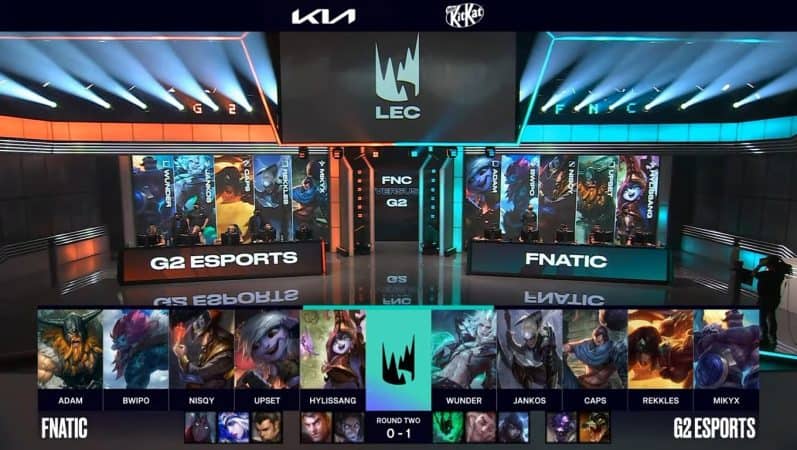 A screenshot from the LEC broadcast for the Summer Playoffs match between Fnatic and G2 Esports. The Game Two drafts appear on screen with a shot of both teams on the LEC stage above.