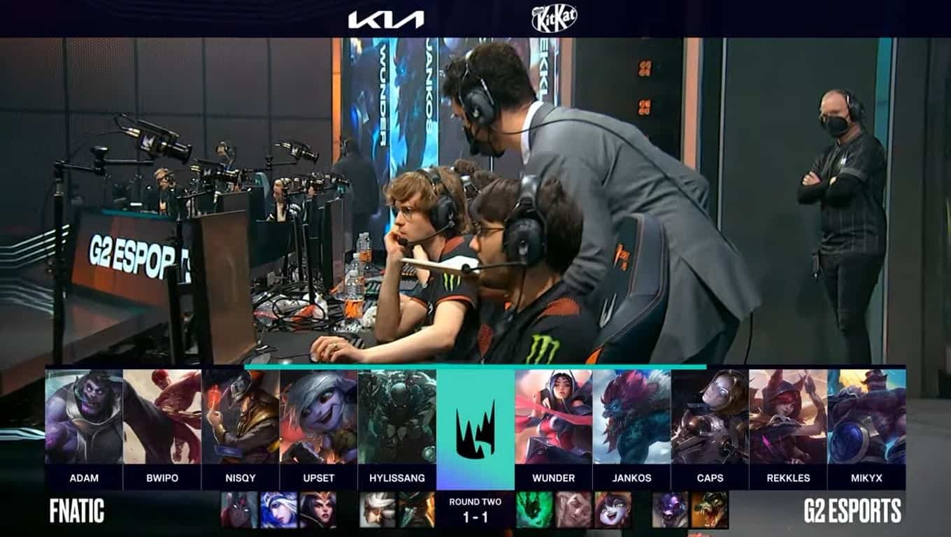 A screenshot from the LEC broadcast for the Summer Playoffs match between Fnatic and G2 Esports. The Game Three drafts appear on screen with a shot of the Fnatic LoL team and coach YamatoCannon on the LEC stage above.