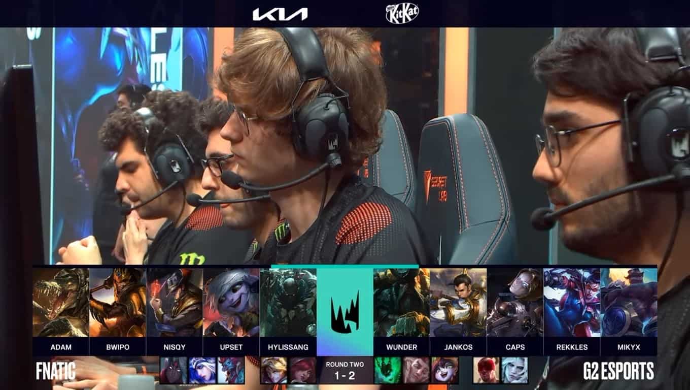 A screenshot from the LEC broadcast for the Summer Playoffs match between Fnatic and G2 Esports. The Game Four drafts appear on screen with a shot of the Fnatic LoL team on the LEC stage above.