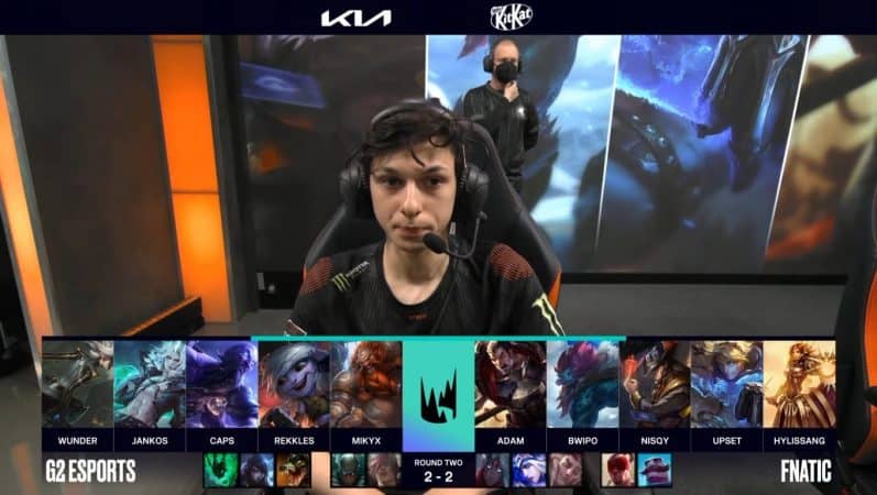 A screenshot from the LEC broadcast for the Summer Playoffs match between Fnatic and G2 Esports. The Game Five drafts appear on screen with a shot of FNC Adam above.