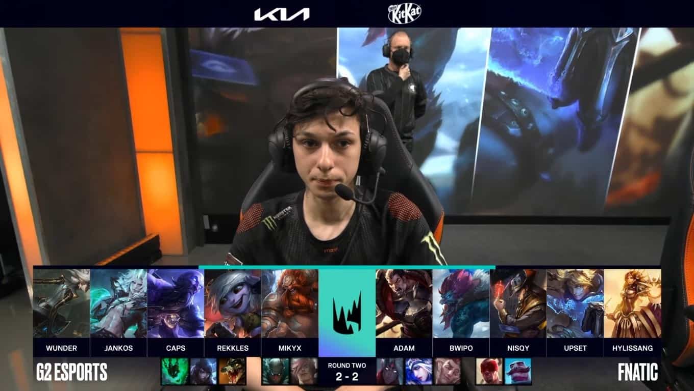 A screenshot from the LEC broadcast for the Summer Playoffs match between Fnatic and G2 Esports. The Game Five drafts appear on screen with a shot of FNC Adam above.
