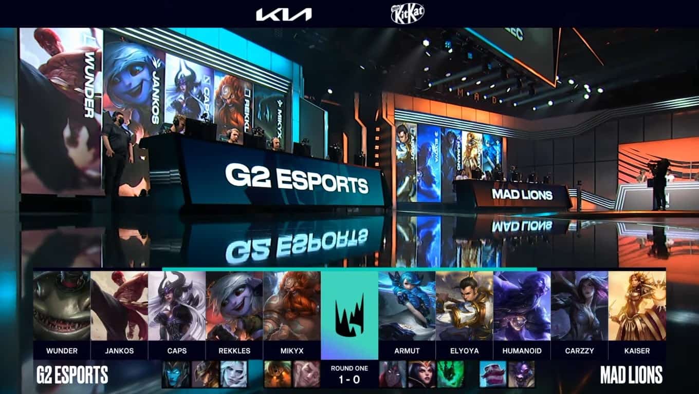 A screenshot from the LEC broadcast for the Summer Playoffs match between G2 Esports and MAD Lions. The Game Two drafts appear on screen with a shot of the LEC studio above.