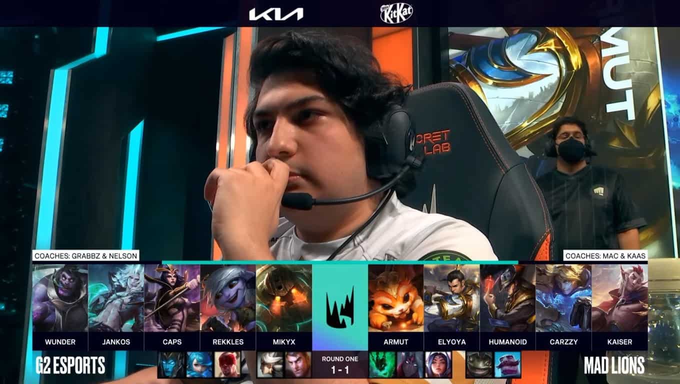 A screenshot from the LEC broadcast for the Summer Playoffs match between G2 Esports and MAD Lions. The Game Three drafts appear on screen with a shot of MAD Armut above.