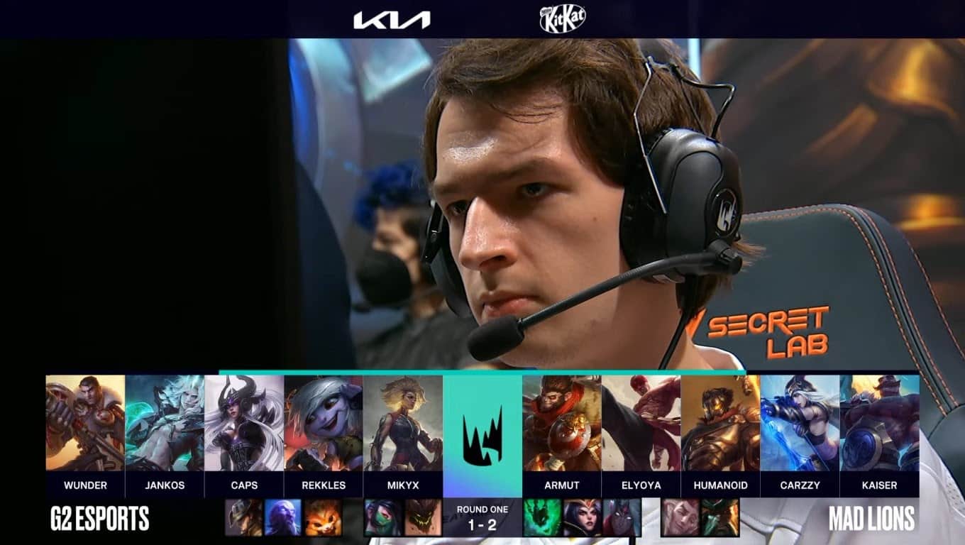 A screenshot from the LEC broadcast for the Summer Playoffs match between G2 Esports and MAD Lions. The Game Four drafts appear on screen with a shot of MAD Kaiser above.
