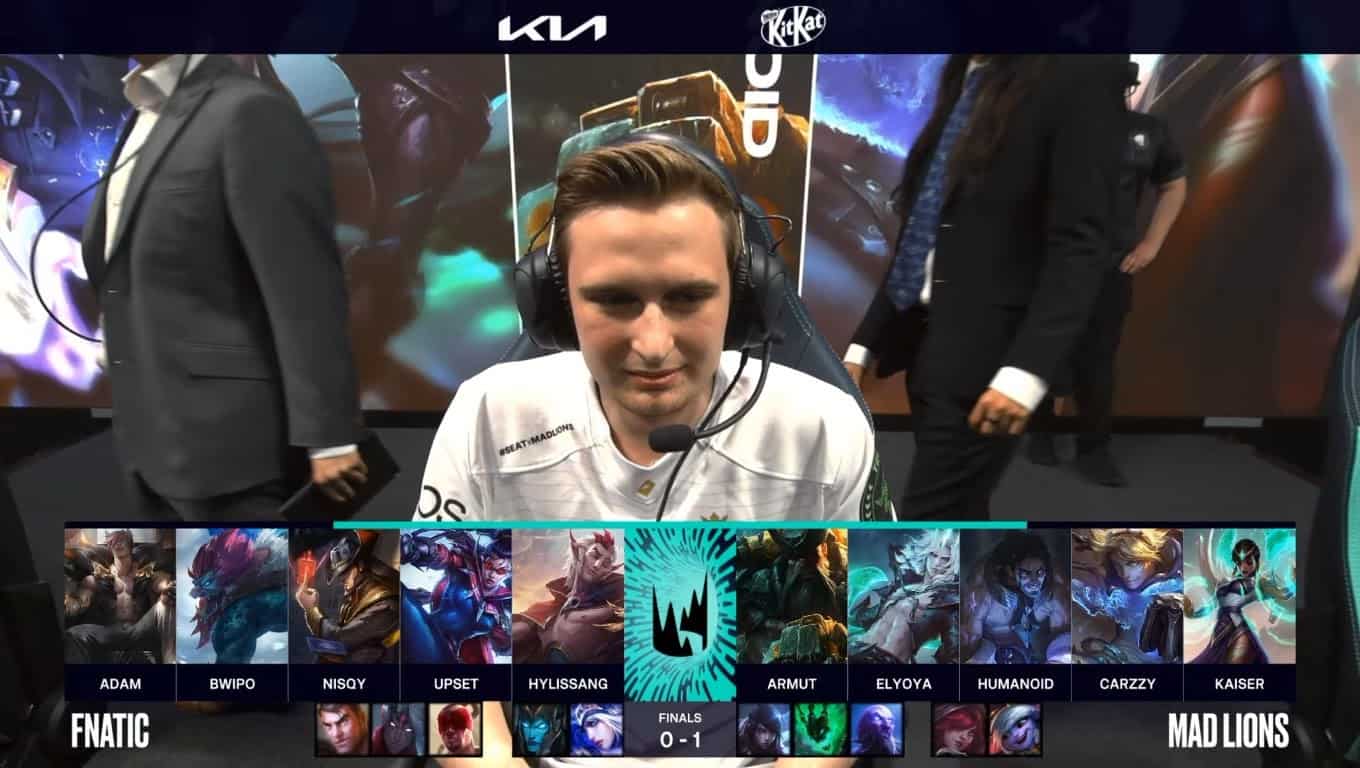 A screenshot from the LEC broadcast for the 2021 Summer Finals match between Fnatic and MAD Lions. The Game Two drafts appear on screen with a shot of MAD Humanoid above.