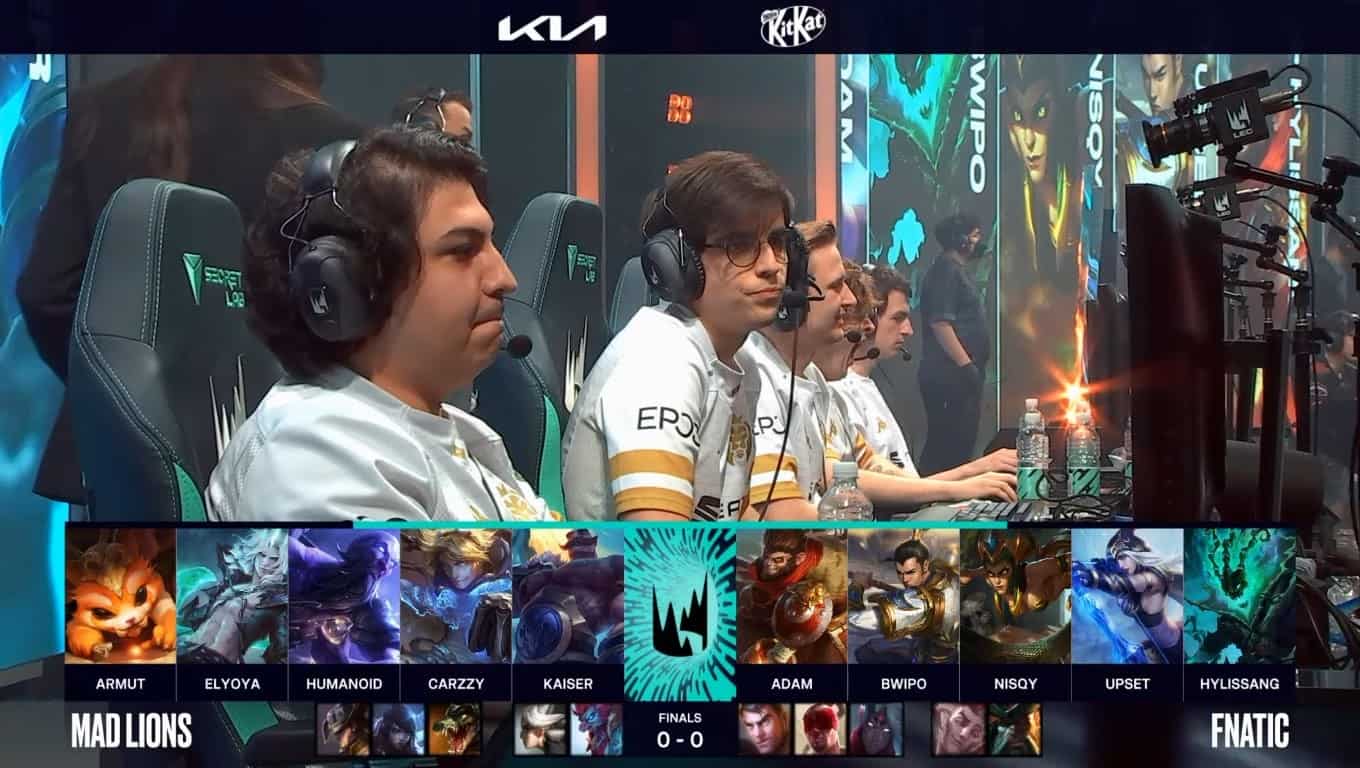 A screenshot from the LEC broadcast for the 2021 Summer Finals match between Fnatic and MAD Lions. The Game One drafts appear on screen with a shot of the MAD Lions LoL team above.