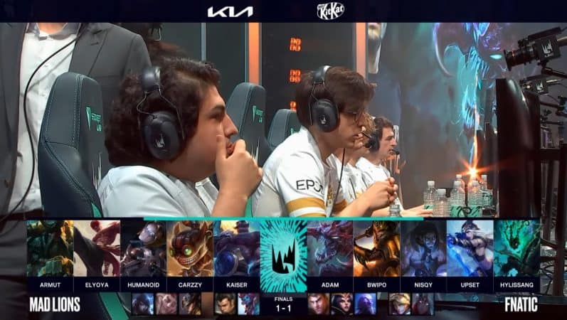 A screenshot from the LEC broadcast for the 2021 Summer Finals match between Fnatic and MAD Lions. The Game Three drafts appear on screen with a shot of MAD Armut and Elyoya above.