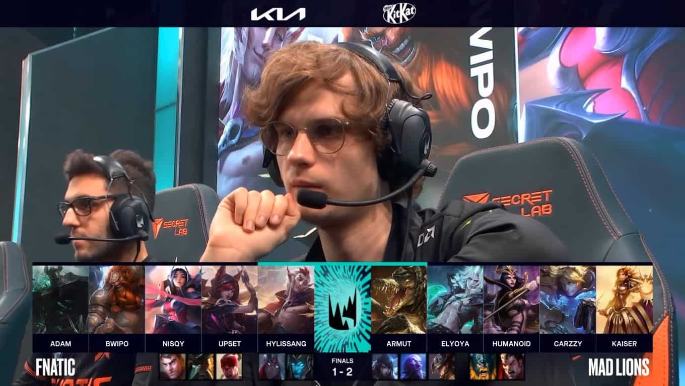 A screenshot from the LEC broadcast for the 2021 Summer Finals match between Fnatic and MAD Lions. The Game Four drafts appear on screen with a shot of FNC Upset and Nisqy above.