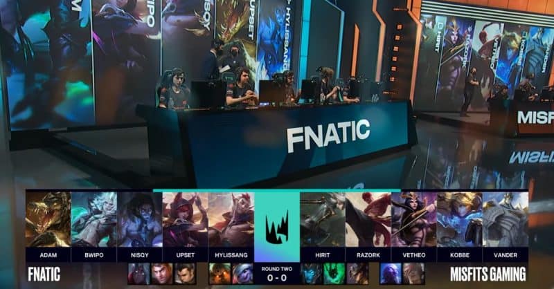 A screenshot from the LEC broadcast for the Summer Playoffs match between Fnatic and Misfits. The Game One drafts appear on screen with a shot of the Fnatic LoL team on the LEC stage above.