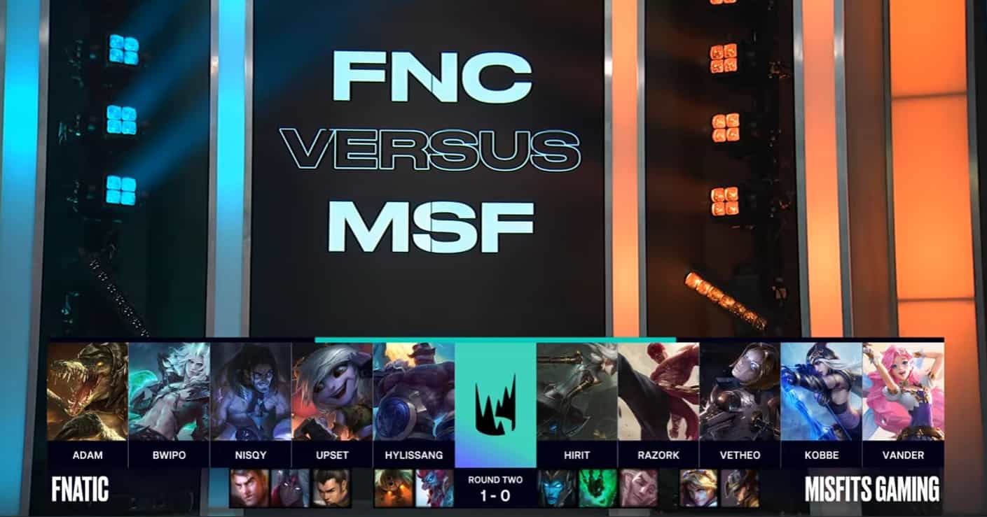 A screenshot from the LEC broadcast for the Summer Playoffs match between Fnatic and Misfits. The Game Two drafts appear on screen with a shot of words "FNC Versus MSF" on the LEC stage above.