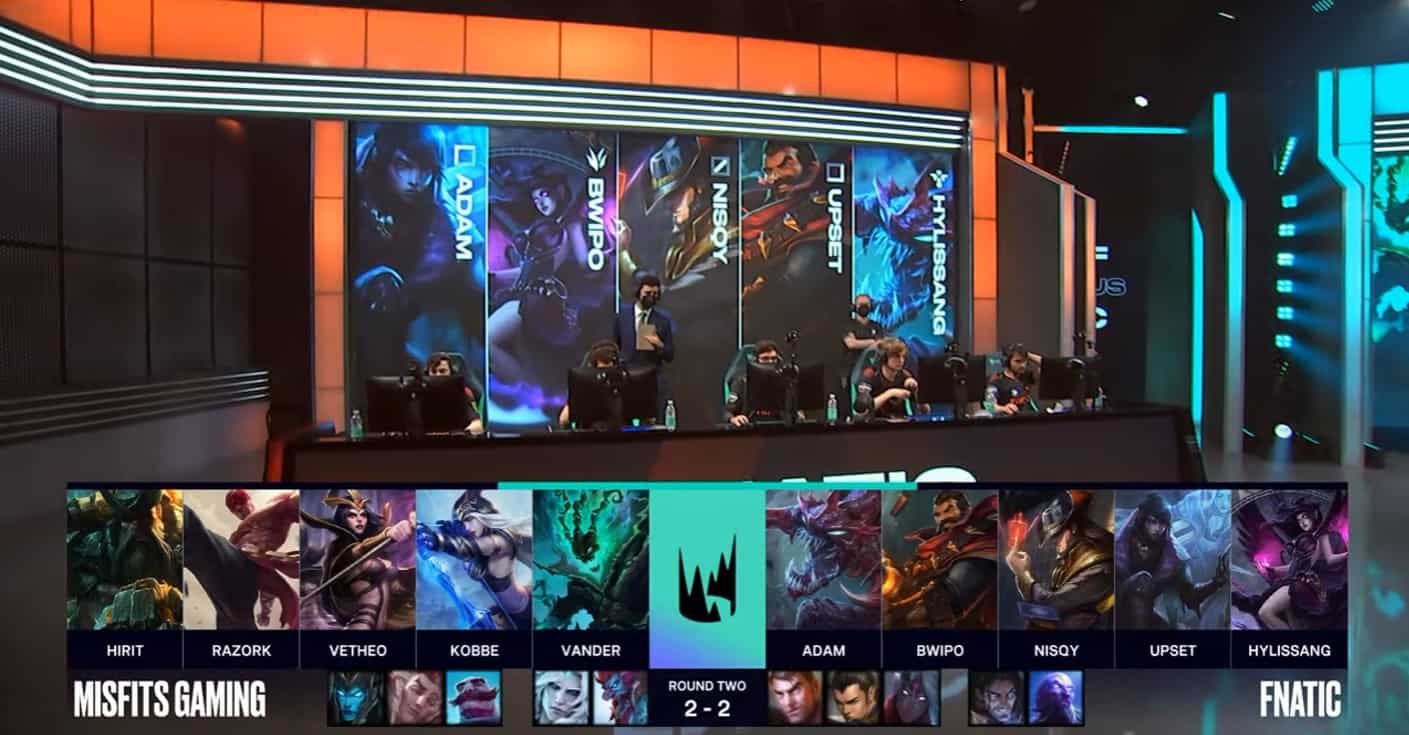 A screenshot from the LEC broadcast for the Summer Playoffs match between Fnatic and Misfits. The Game Five drafts appear on screen with a shot of the Fnatic LoL team on the LEC stage above.