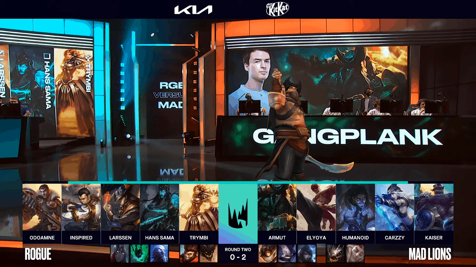 A screenshot from the LEC broadcast for the Summer Playoffs match between Rogue and MAD Lions. The Game Three drafts appear on screen with a shot of the LEC stage and Gangplank above.