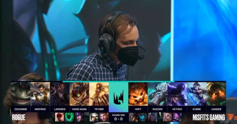 A screenshot from the LEC broadcast for the Summer Playoffs match between Rogue and Misfits. The Game One drafts appear on screen with a shot of a coach above.