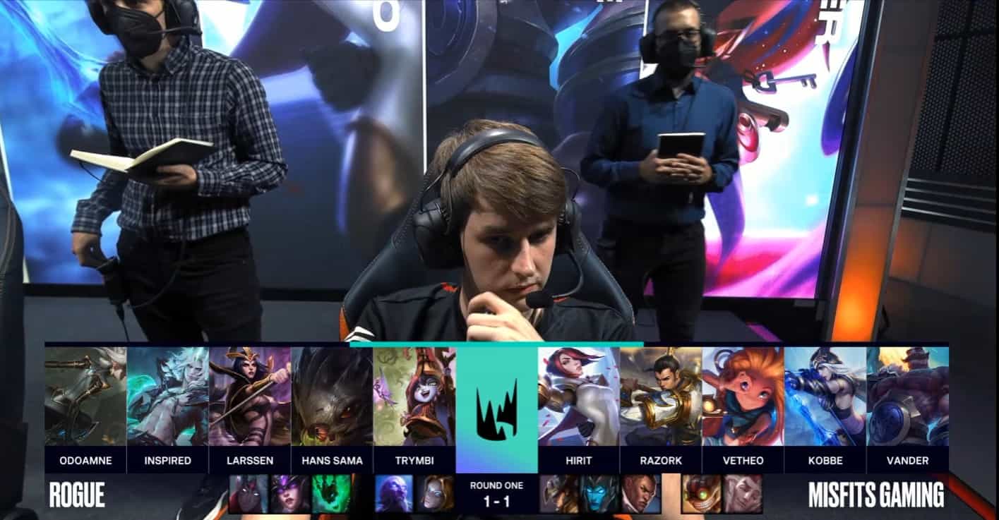 A screenshot from the LEC broadcast for the Summer Playoffs match between Rogue and Misfits. The Game Three drafts appear on screen with a shot of MSF Kobbe on stage above.