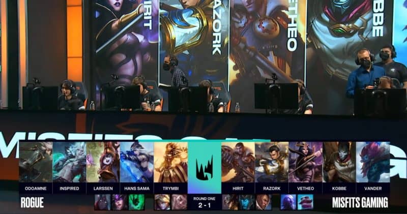 A screenshot from the LEC broadcast for the Summer Playoffs match between Rogue and Misfits. The Game Four drafts appear on screen with a shot of the Misfits LoL team on stage above.
