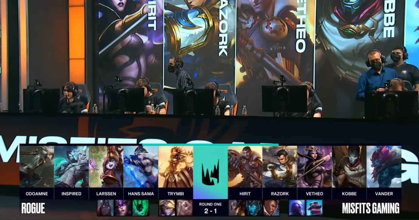 A screenshot from the LEC broadcast for the Summer Playoffs match between Rogue and Misfits. The Game Four drafts appear on screen with a shot of the Misfits LoL team on stage above.