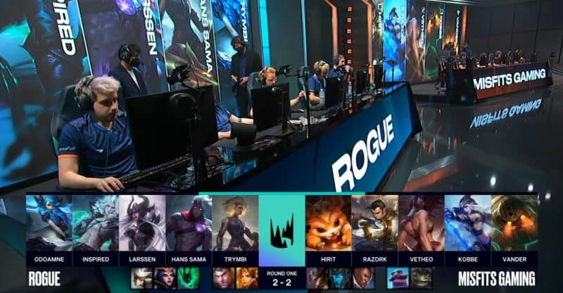 A screenshot from the LEC broadcast for the Summer Playoffs match between Rogue and Misfits. The Game Five drafts appear on screen with a shot of the Misfits' and Rogue's LoL teams on stage above.