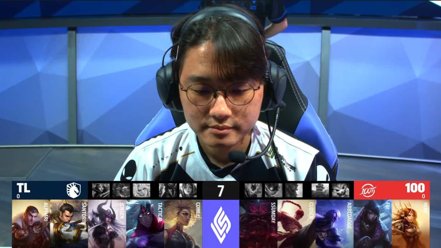 A screenshot from the LCS broadcast for the Summer Championship match between Team Liquid and 100 Thieves. The Game One drafts appear on screen with a shot of TL CoreJJ above.