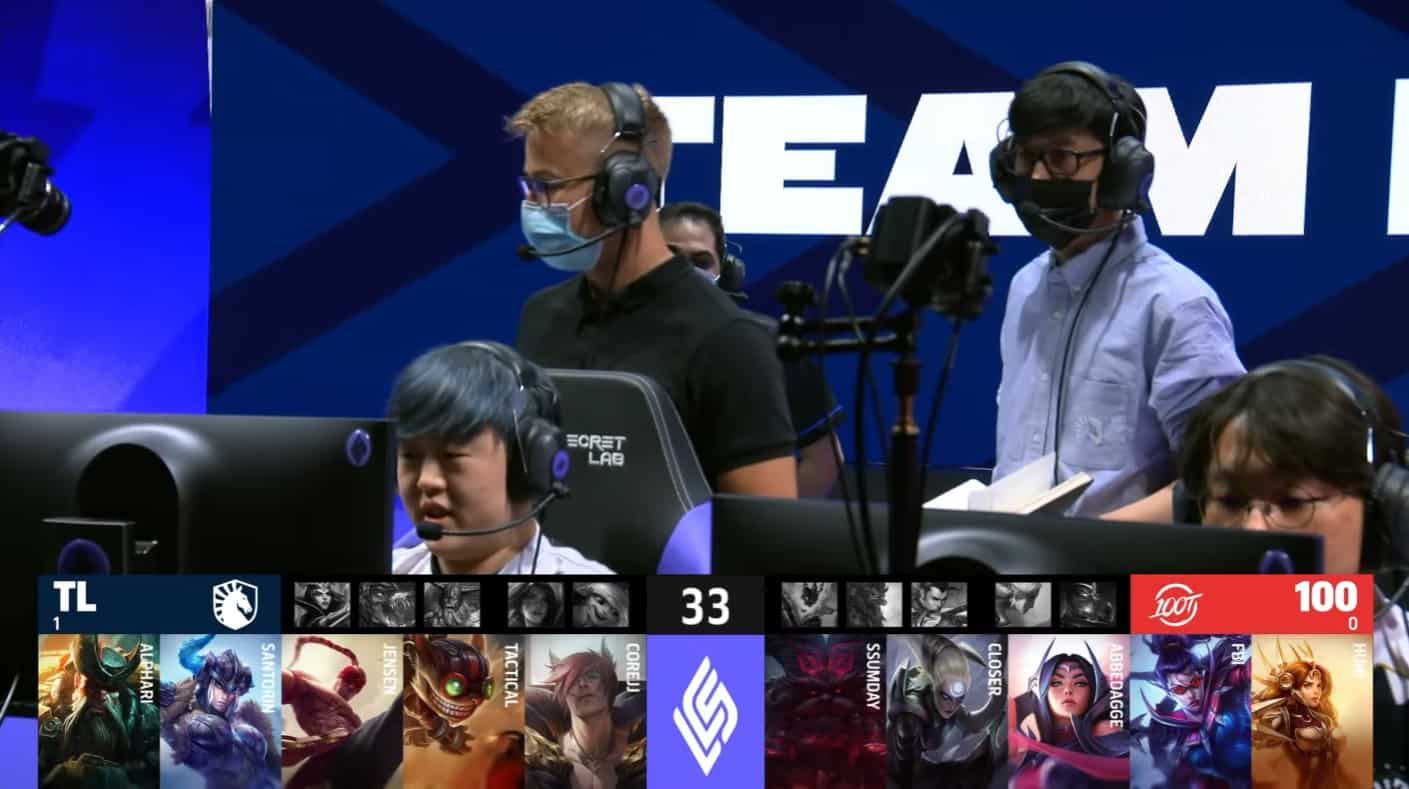 A screenshot from the LCS broadcast for the Summer Championship match between Team Liquid and 100 Thieves. The Game Two drafts appear on screen with a shot of TL Kold, Tactical and CoreJJ on the LCS stage above.