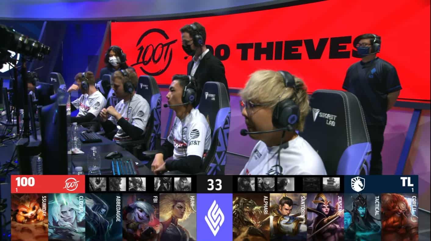 A screenshot from the LCS broadcast for the Summer Championship match between Team Liquid and 100 Thieves. The Game Three drafts appear on screen with a shot of the 100 Thieves LoL team and coaches on the LCS stage above.