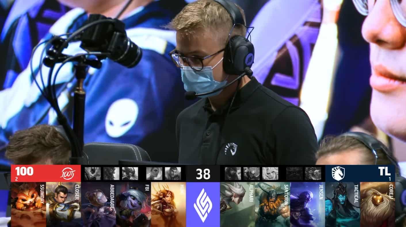 A screenshot from the LCS broadcast for the Summer Championship match between Team Liquid and 100 Thieves. The Game Four drafts appear on screen with a shot of TL coach Kold above.