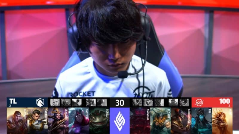 A screenshot from the LCS broadcast for the Summer Championship match between Team Liquid and 100 Thieves. The Game Five drafts appear on screen with a shot of 100T Ssumday above.