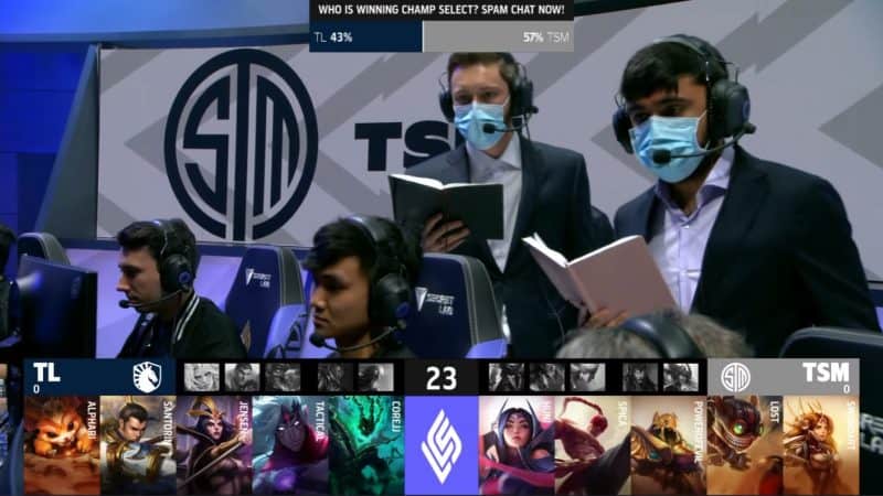 A screenshot from the LCS broadcast for the Summer Championship match between Team Liquid and TSM. The Game One drafts appear on screen with a shot of the TSM LoL team and coaches above.