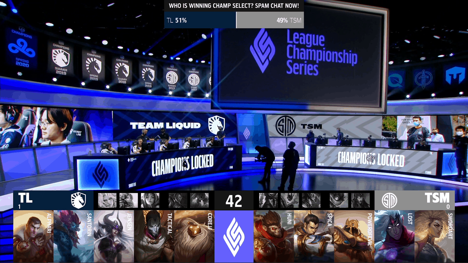A screenshot from the LCS broadcast for the Summer Championship match between Team Liquid and TSM. The Game Two drafts appear on screen with a shot of the LCS studio above.