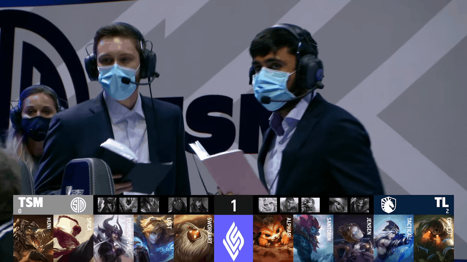 A screenshot from the LCS broadcast for the Summer Championship match between Team Liquid and TSM. The Game Three drafts appear on screen with a shot of the TSM coaches above.