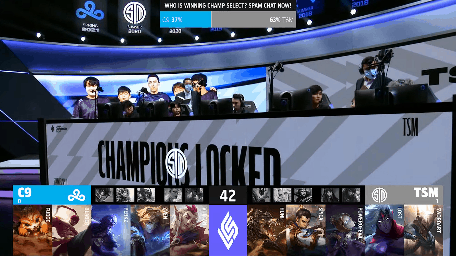 A screenshot from the LCS broadcast for the Summer Championship match between TSM and Cloud9. The Game Two drafts appear on screen with a shot of the TSM LoL team on the LCS stage above.