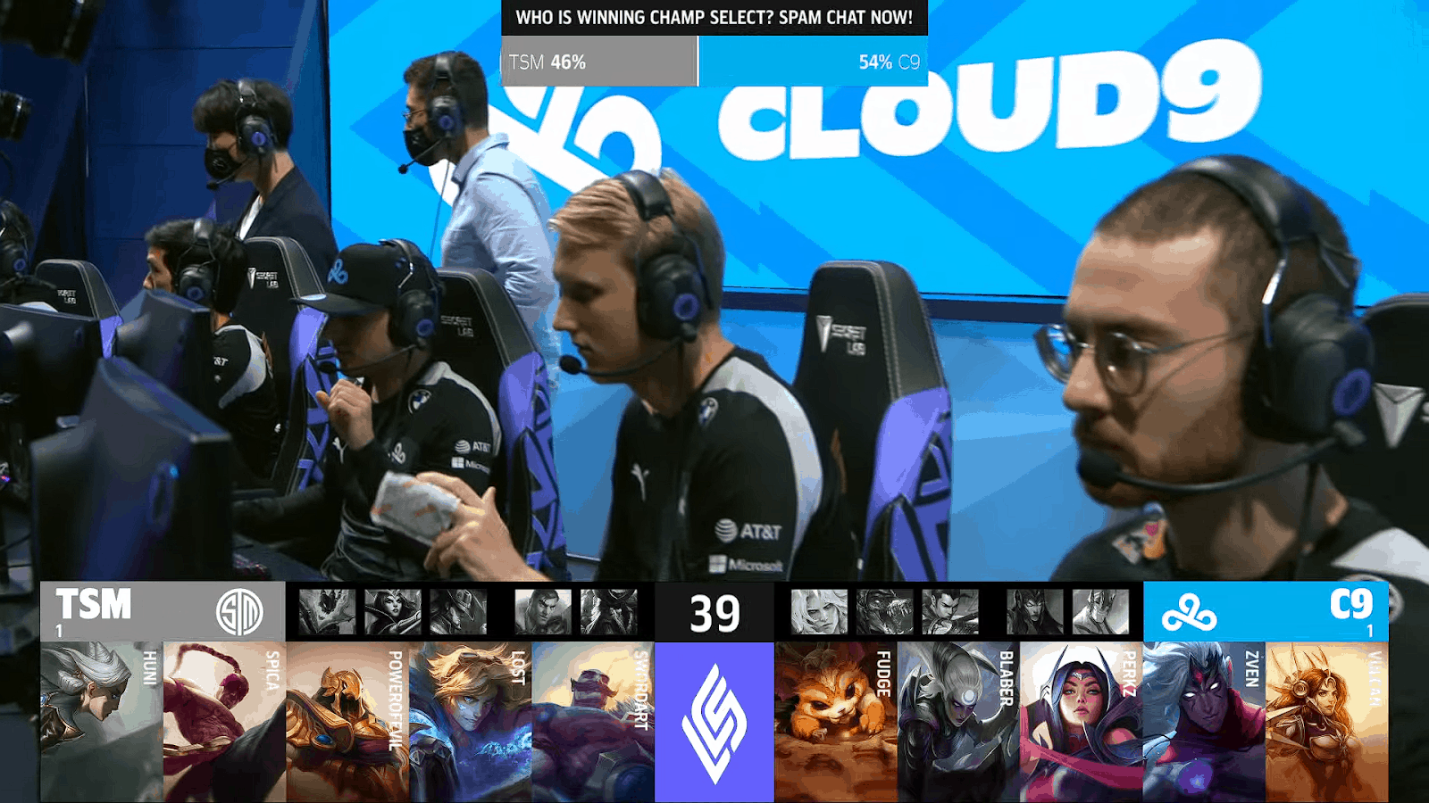 A screenshot from the LCS broadcast for the Summer Championship match between TSM and Cloud9. The Game Three drafts appear on screen with a shot of the C9 LoL team on the LCS stage above.