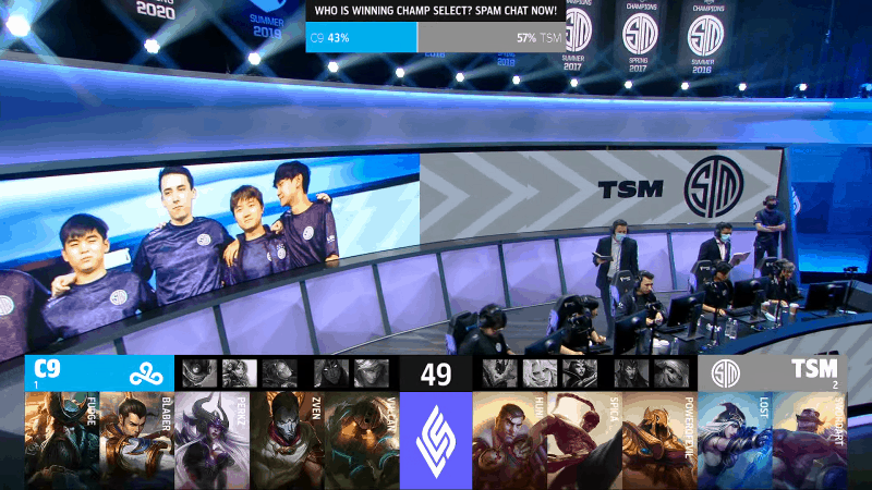 A screenshot from the LCS broadcast for the Summer Championship match between TSM and Cloud9. The Game Four drafts appear on screen with a shot of the LCS studio above.