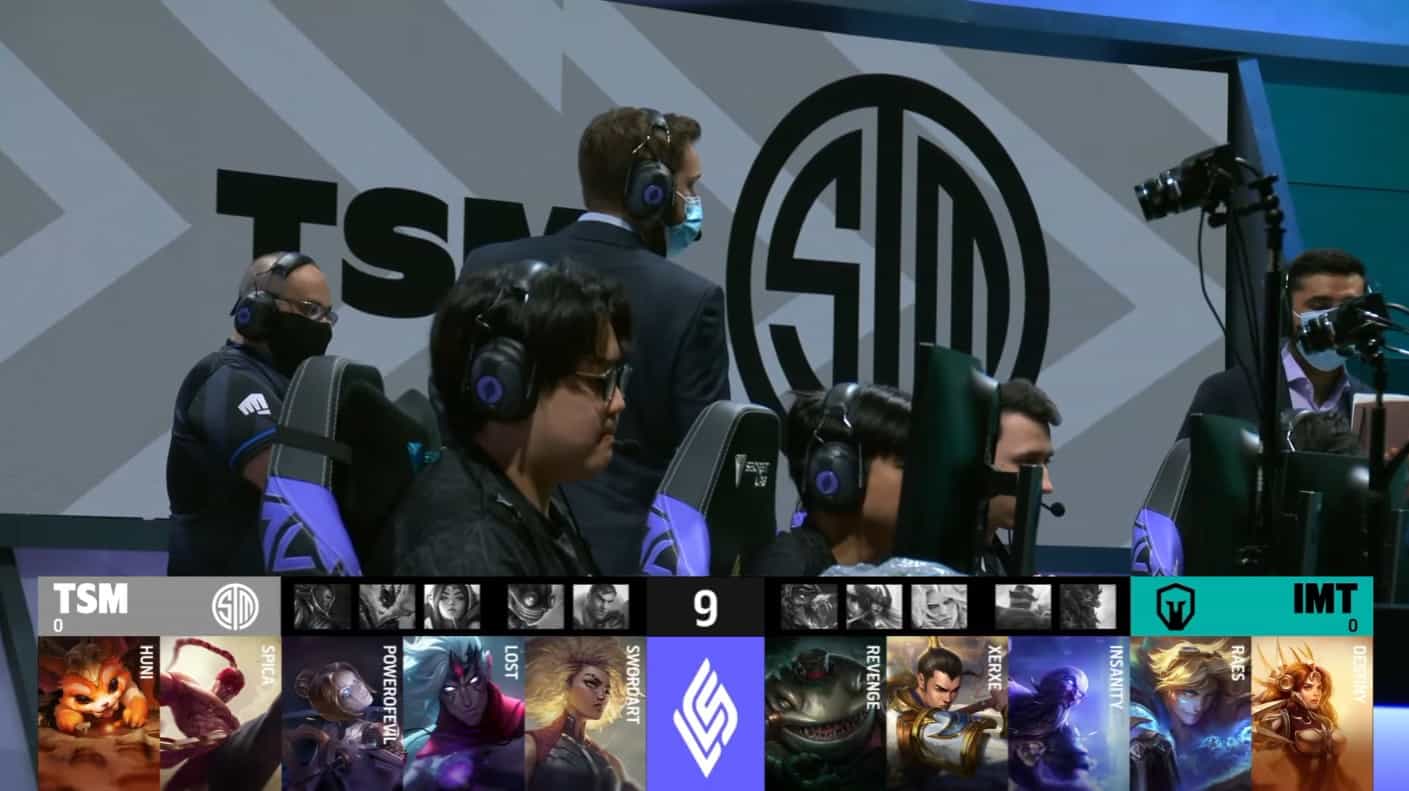 A screenshot from the LCS broadcast for the Summer Championship match between TSM and Immortals. The Game One drafts appear on screen with a shot of the TSM LoL team on the LCS stage above.