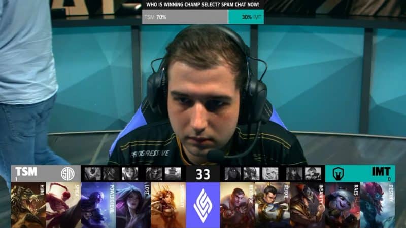 A screenshot from the LCS broadcast for the Summer Championship match between TSM and Immortals. The Game Two drafts appear on screen with a shot of IMT Destiny above.