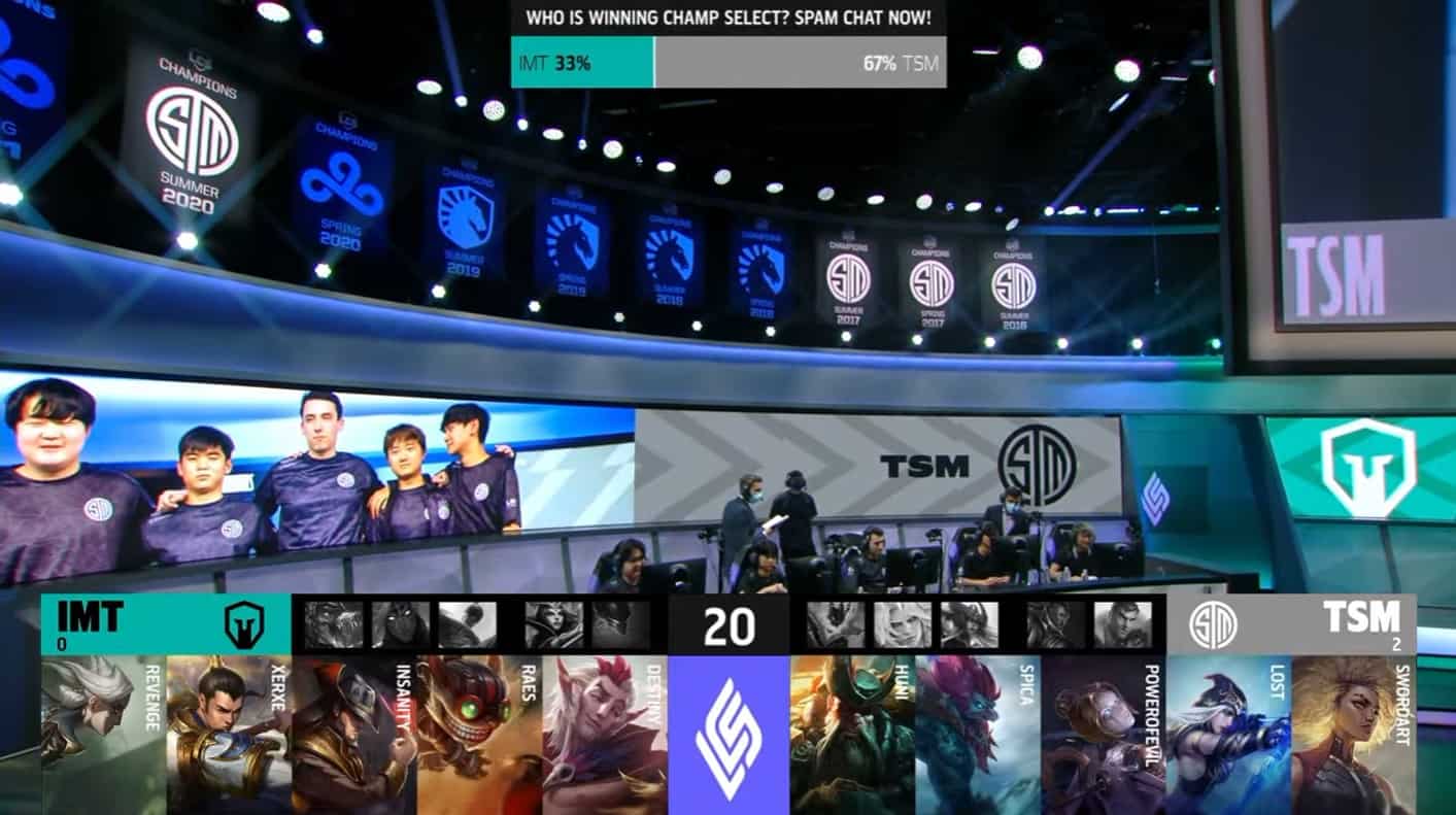 A screenshot from the LCS broadcast for the Summer Championship match between TSM and Immortals. The Game Three drafts appear on screen with a shot of the TSM LoL team on the LCS stage above.